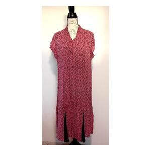 April Cornell Red Floral Midi Dress Mesh Insert Short Sleeve V-Neck Tie Size L